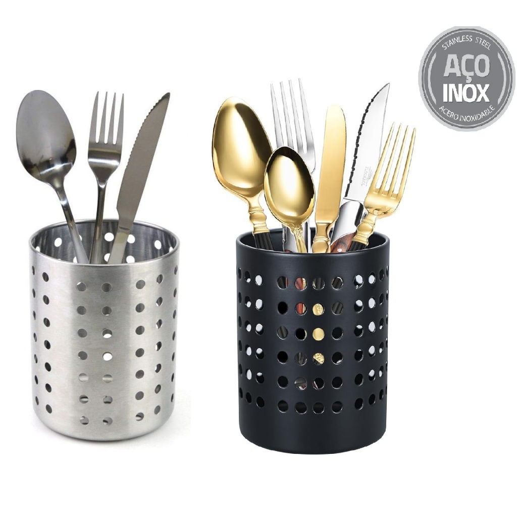 Escorredor de Talheres em Inox Preto Redondo Clink Porta Talheres 9,5cmx12cm em Oferta na Shopee