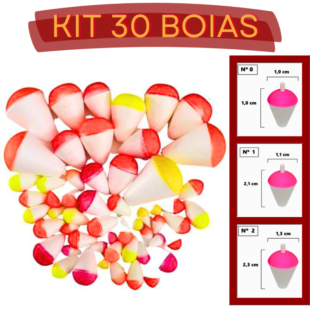 Boia de Pesca Isopor 30un Kit Pescaria Nº0 + Nº1 + Nº2 Boias Lambari Pesqueiro Tilápia Pescar