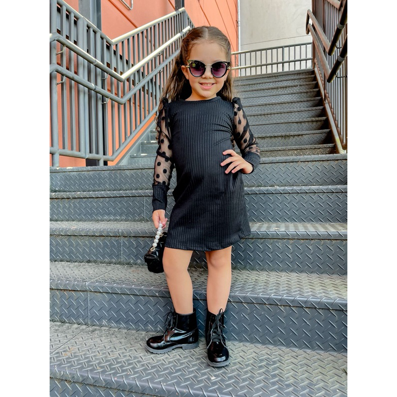 vestido mini diva malha canelada manga longa tule