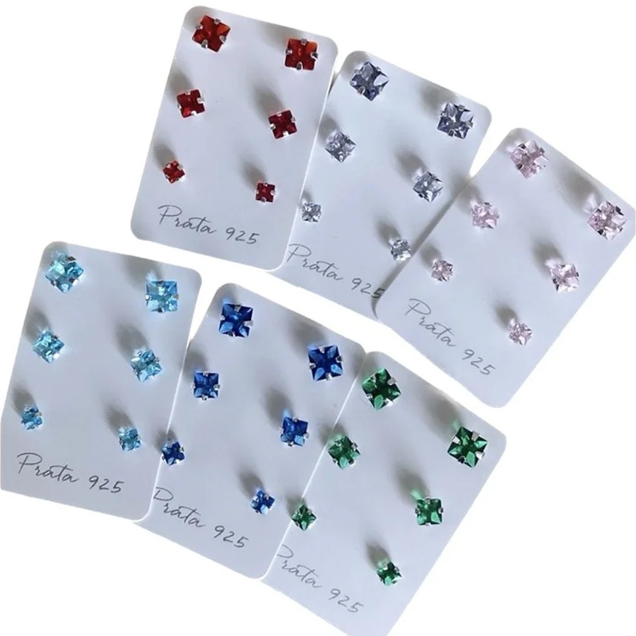 Trio de Brincos Quadrados em Prata 925 Colors em Oferta na Shopee