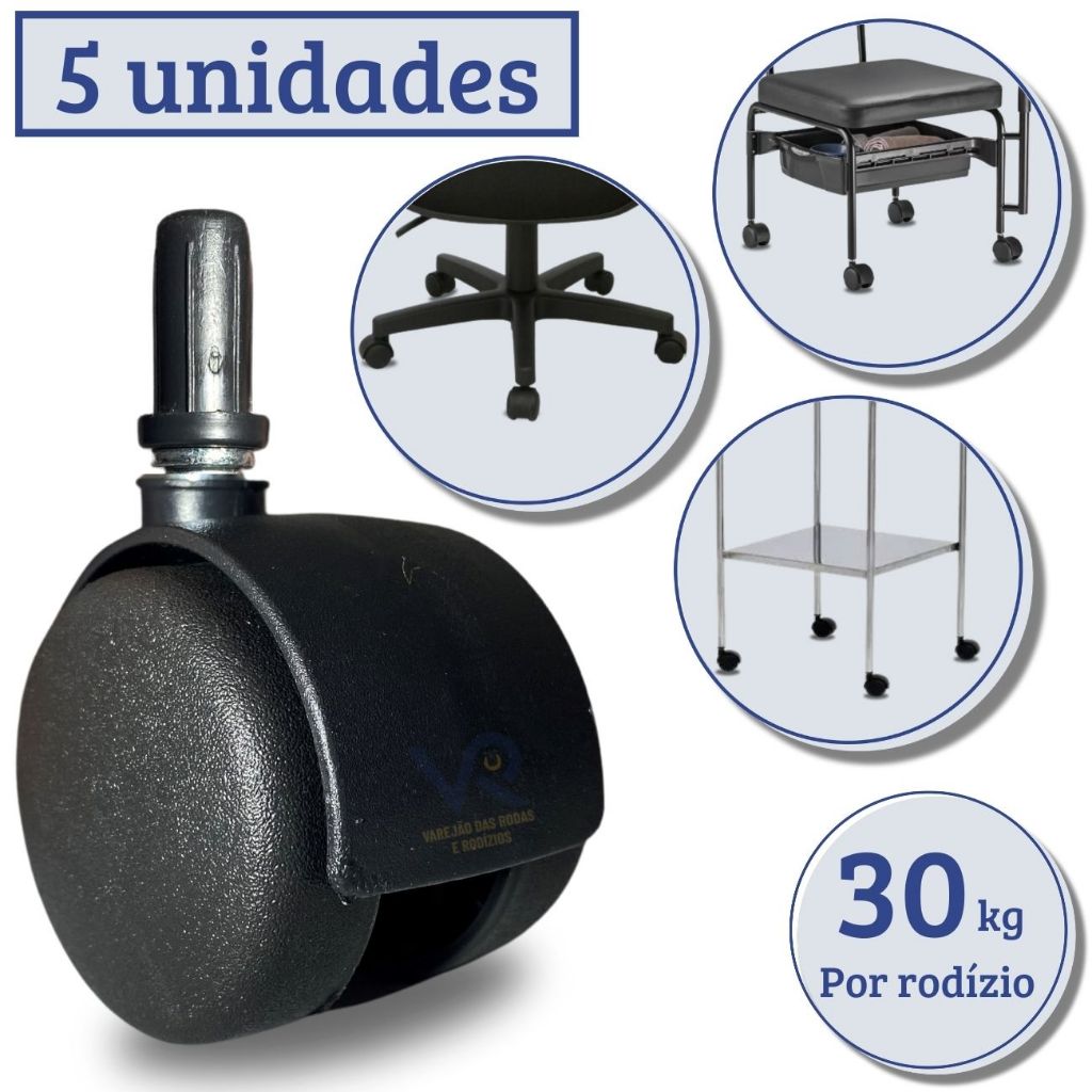 Rodinha para Cadeira Manicure Kit com 5 Rodizios Preto Pino 10mm e Bucha de 1/2"