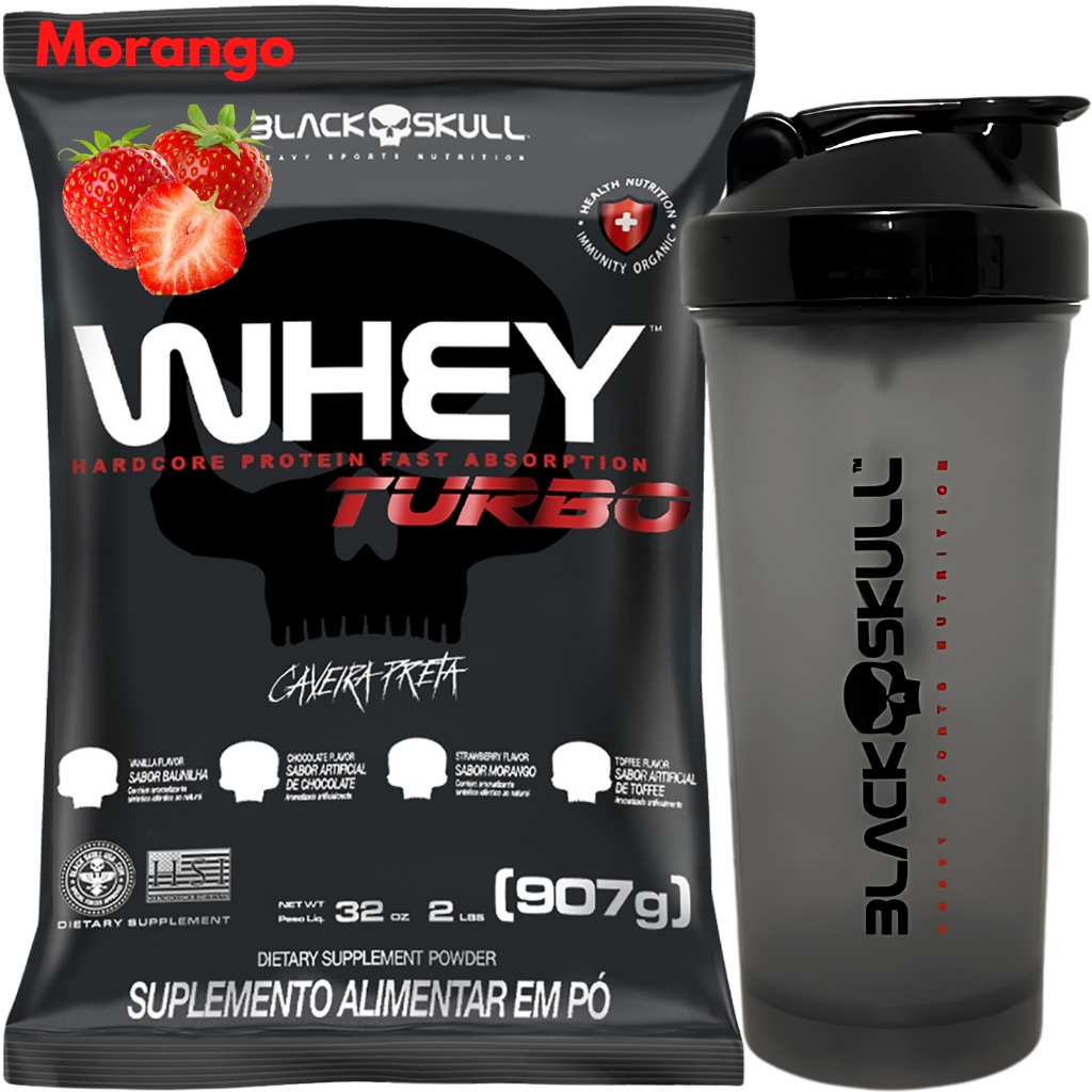 Whey Protein Concentrado TURBO 907g + Coqueteleira Fumê 600ml - Kit Black Skull Whey Para Ganho de Massa Muscular + Shakeira 600ml