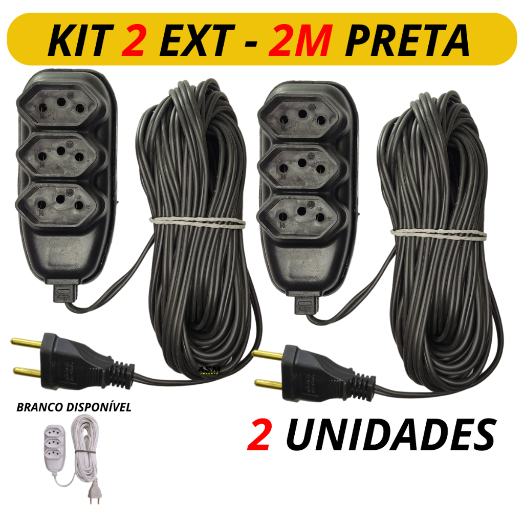2 Extensão elétrica 2 Metros PRETO ou BRANCO Extensão de Energia 3 Tomadas