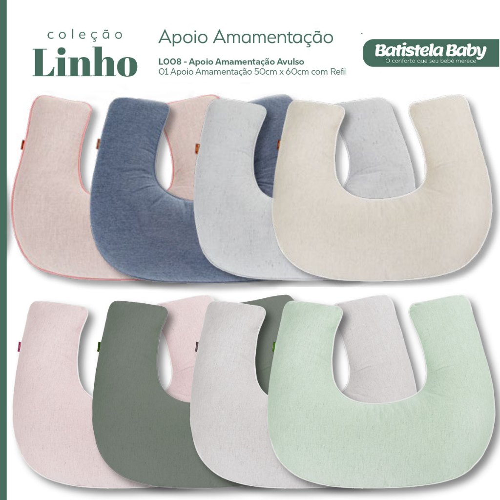 Almofada Amamentação Apoio de Amamentar Premium Linho 100% Algodão Capa Removível Batistel...