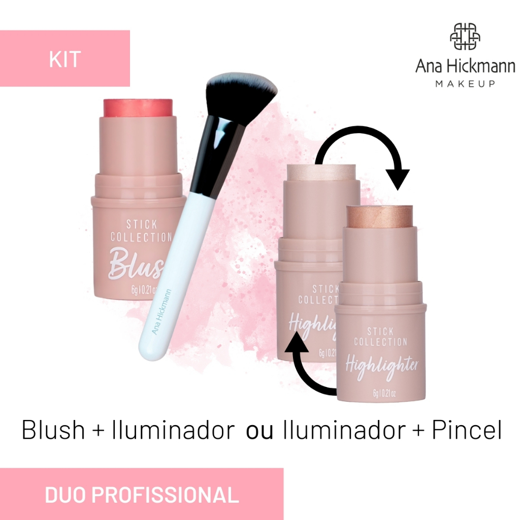 Kit Blush Stick Brigitte + PINCEL KABUKI CONTORNO + Iluminador Stick Sophia ou Marilyn Ana Hickmann em Oferta na Shopee