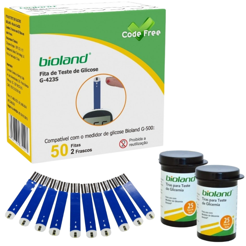 Tiras/Fitas De Glicose Diabetes Bioland - Compativel com os Modelos G-500 e G-423 S c/50 unidades