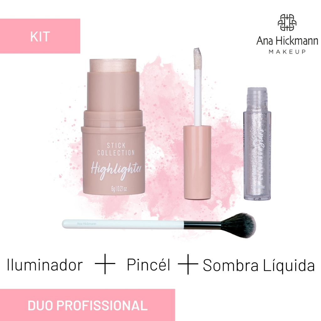 Kit  Iluminador Em Bastão Sophia + Sombra Liquida Kath + Pincel Grande para Iluminador Ana Hickmann em Oferta na Shopee