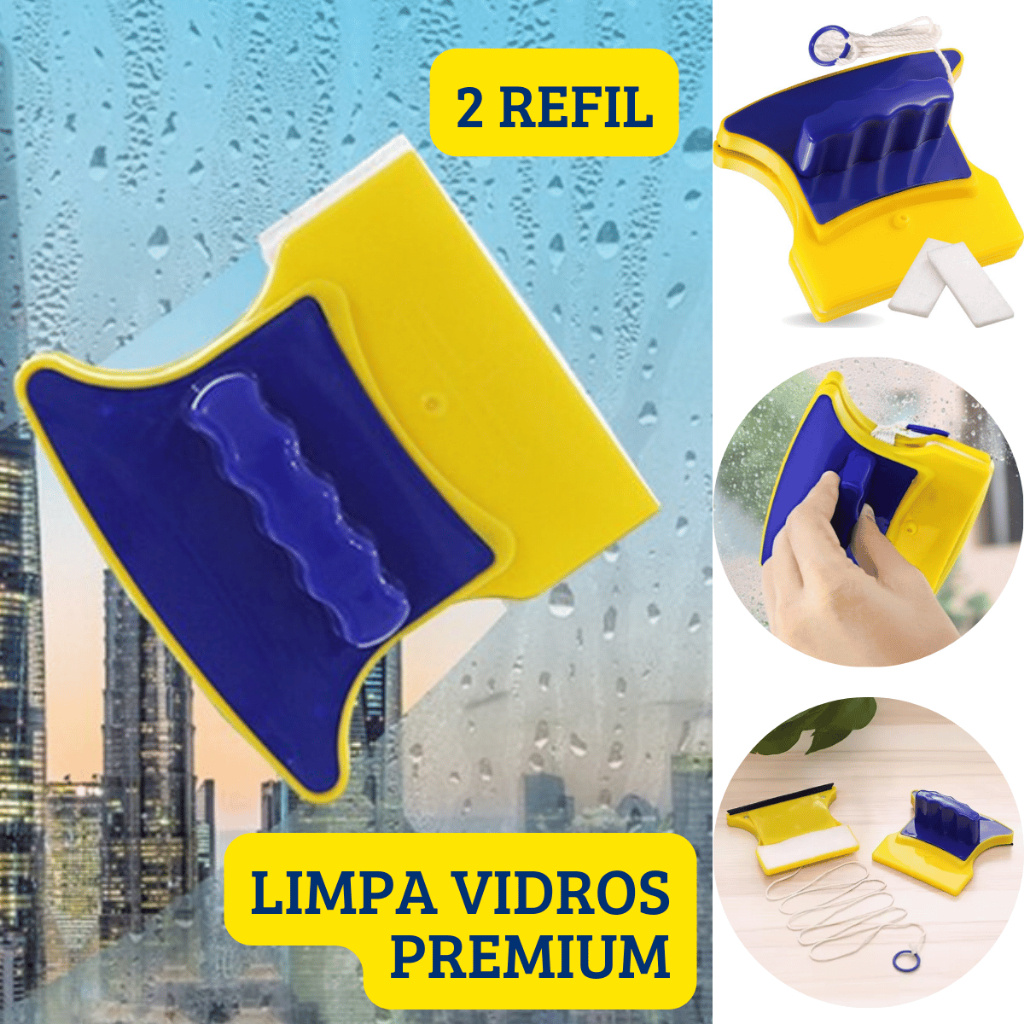 Limpador de Vidros Janelas Magnético Dupla Face Rodo Mágico Aquários com Super Imã 2 REFIL - PREMIUM