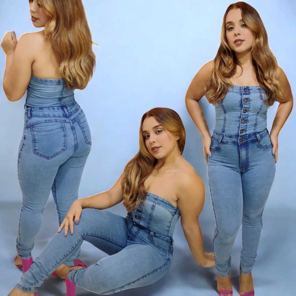 Macacão Jeans Feminino Com Elastano e Botão Jardineira Jeans