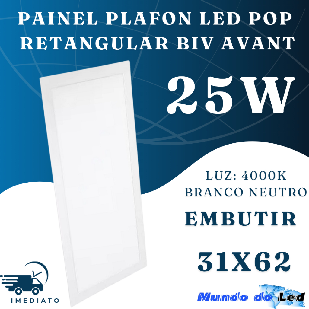 Plafon Led Painel Retangular 25w Bivolt 31x62cm  4000k embutir  Branco neutro  Bivolt