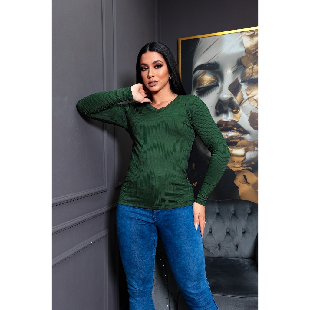 Blusa  Básica Segunda Pele Versátil Confortável Feminina Casual Gola V Manga Longa em Malha Canelada  do P ao Plus Size Elegante Oferta Inverno