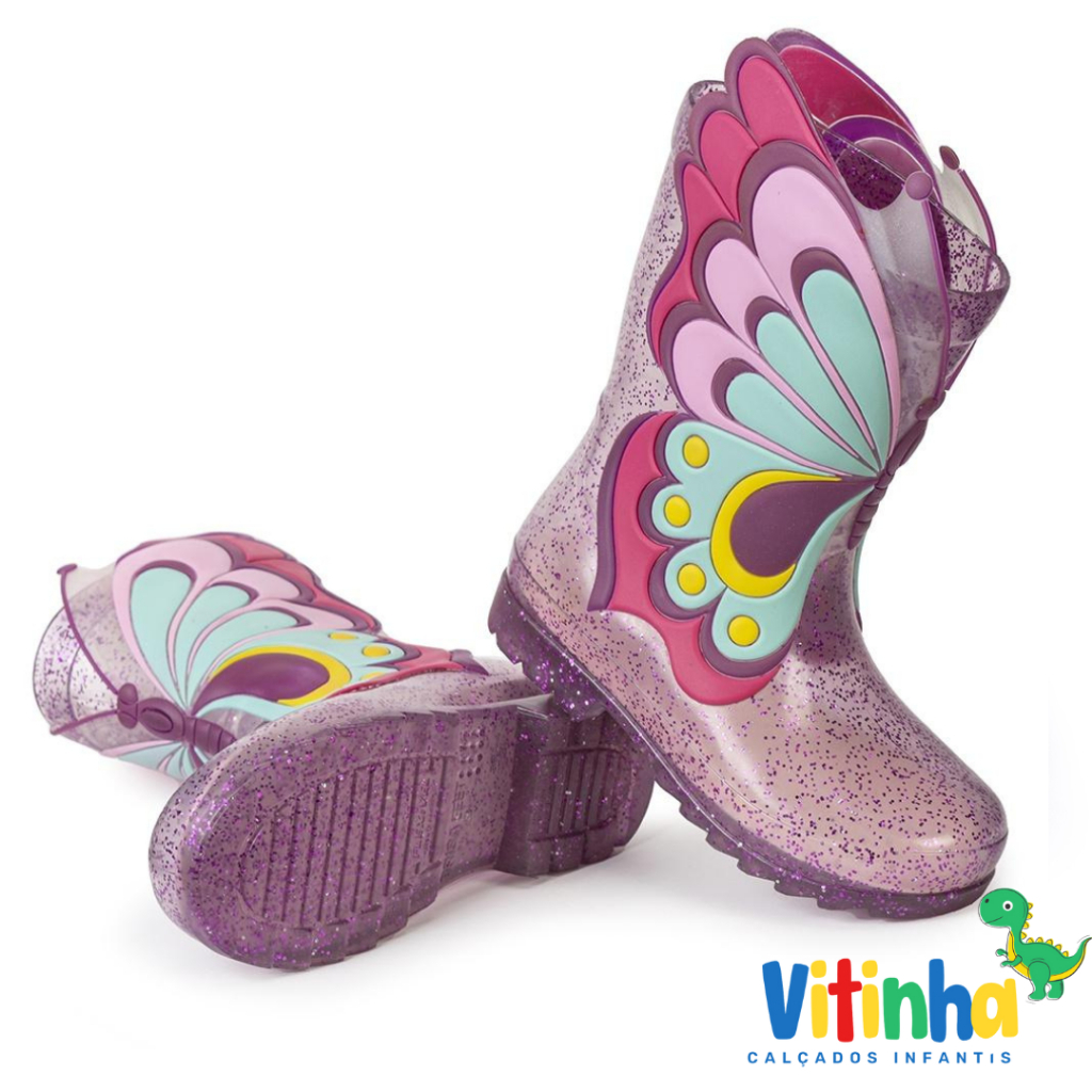Galocha Infantil Borboleta Menina Feminina Bota Criança Leve Confortável Colorida Mar&Cor