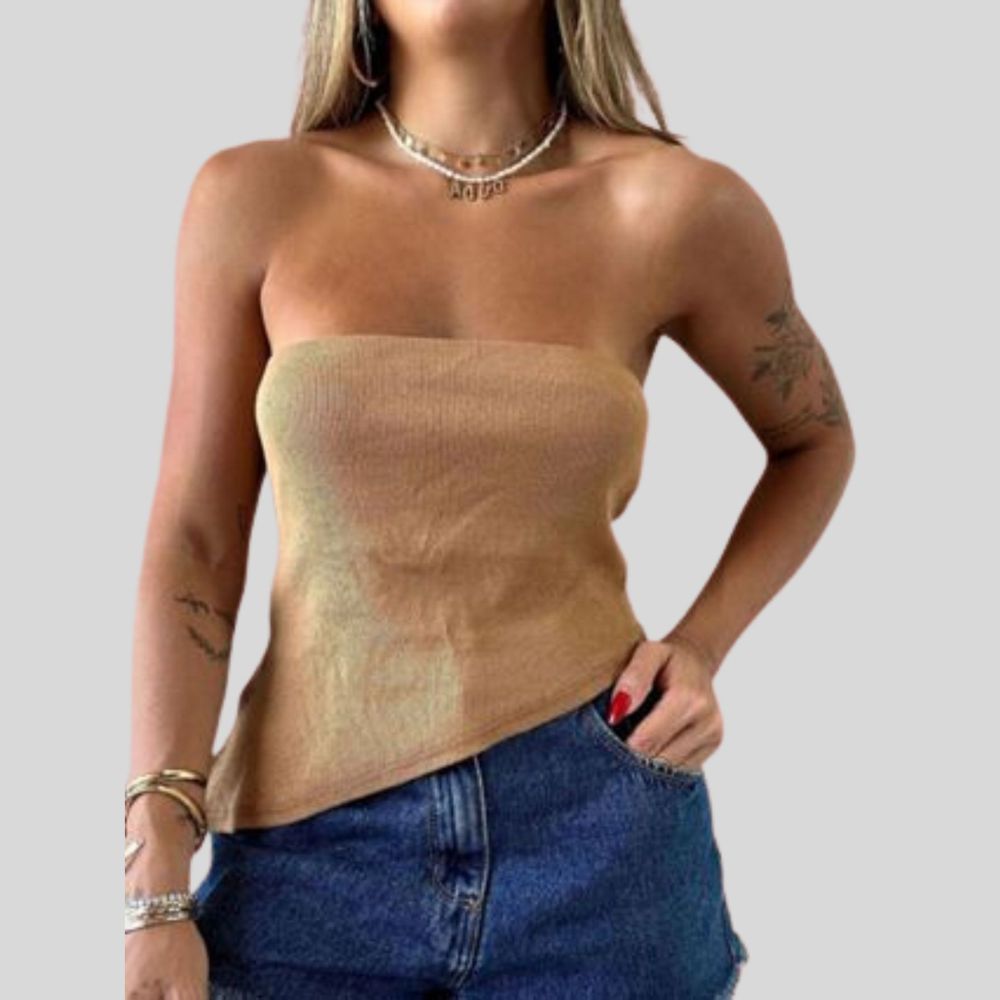 Blusa Feminina Tomara que Caia Assimétrica Canelada Blusinha Bico Moderna Bico