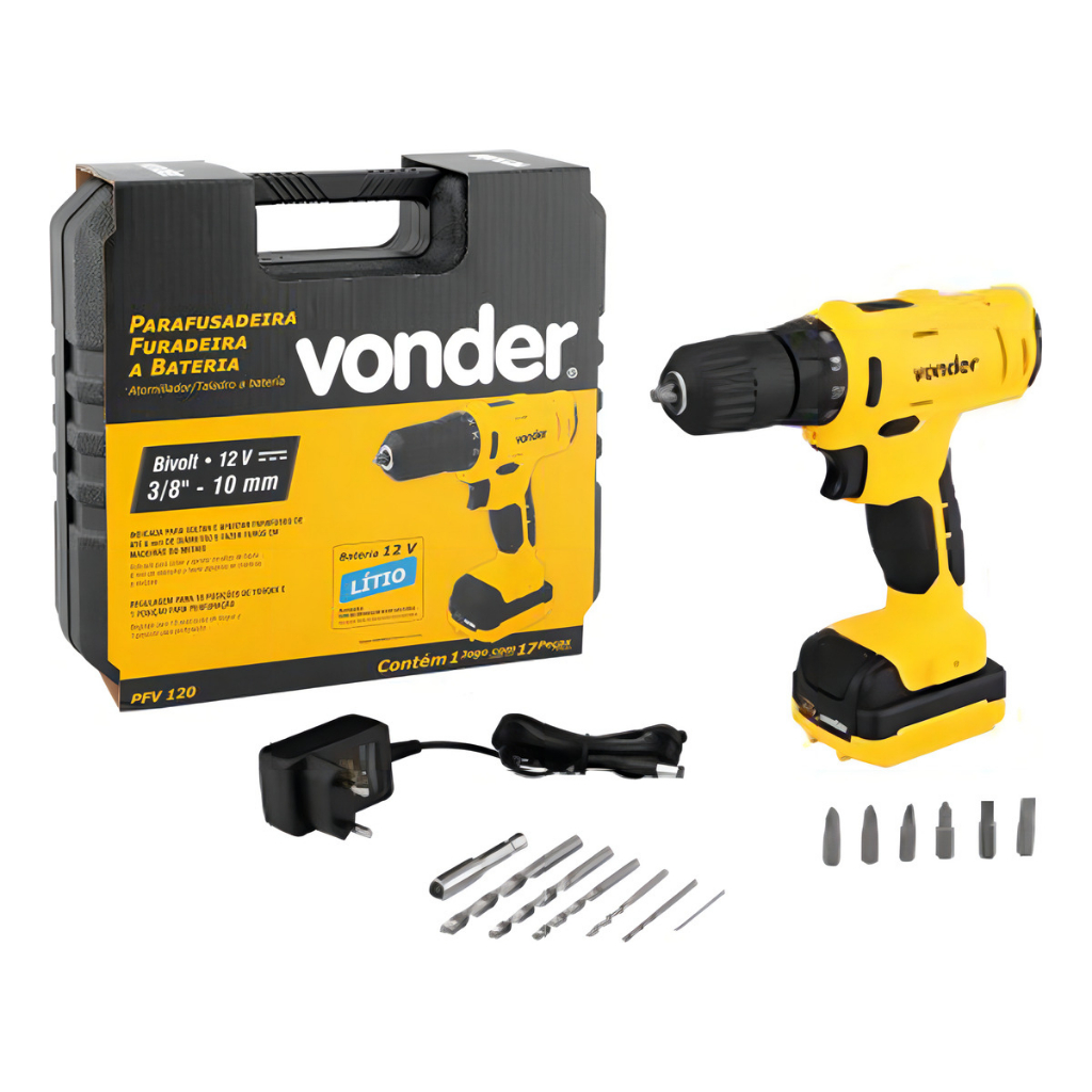 Parafusadeira furadeira Com Maleta  acessórios + 1 bateria 12V fonte bivolt automática PFV...