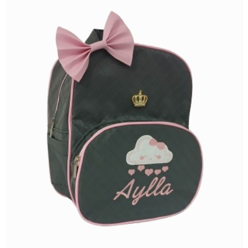 Mochila Personalizada Cinza Chumbo com rosa claro bordado nuvem