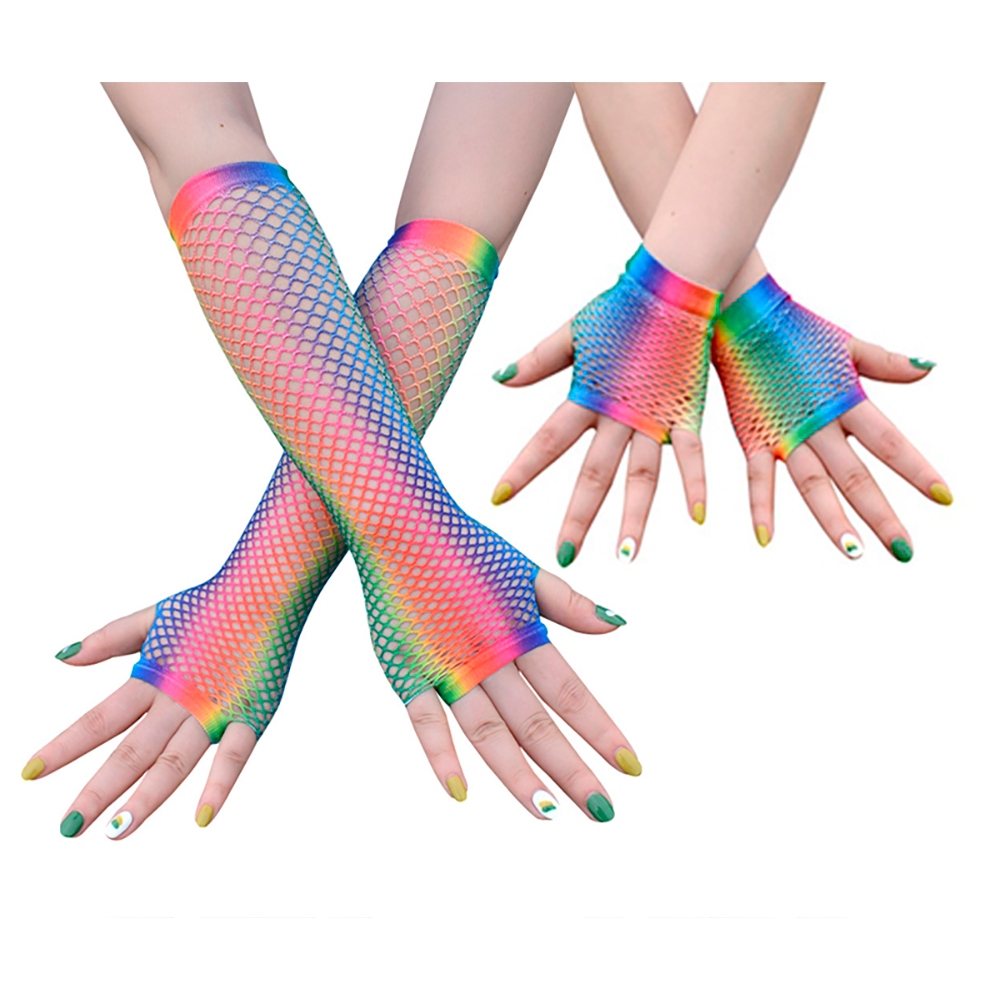 Kit 2 Pares de Luva Arrastão Colorida Arco Íris Longa e Curta Feminina Fantasia Infantil e Adulto