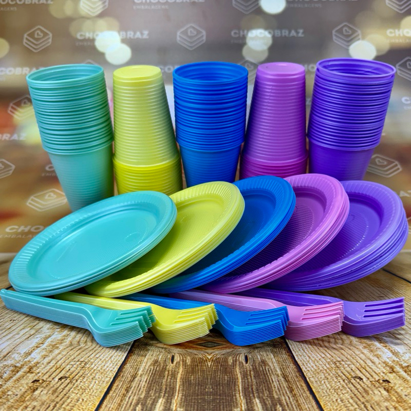 KIT 150 ITENS FESTA 50 GARFINHO + 50 PRATINHO + 50 COPO DESCARTAVEIS CANDY COLOR PEROLADO E COLORIDO BELLO FESTA em Oferta na Shopee