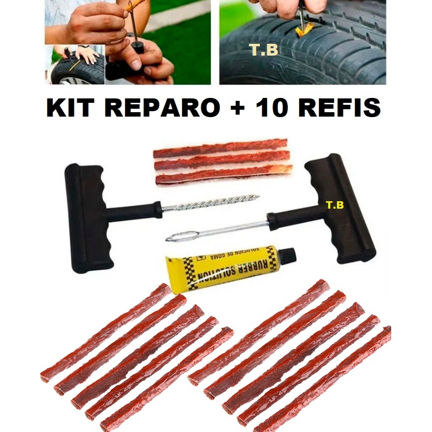 KIT Reparo de Pneu Sem Câmara Com Chaves + 10 Refil Modelo Macarrão Para Moto e Carro