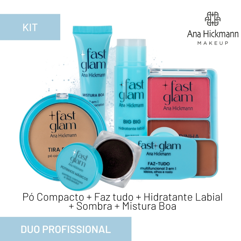 Kit Completo Fast Glam ( Blush + Pó + Base + Faz Tudo + Hidratante Labial + Sombra) em Oferta na Shopee