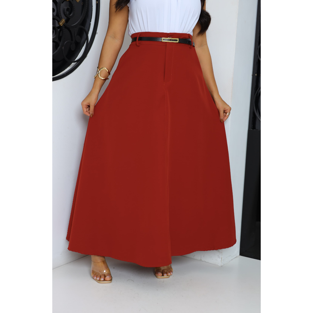 Saia Longa Fit e Flare Feminina +Cinto Moda Evangélica em Tecido Alfaiataria Moda Feminina