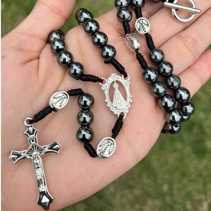 Colar Terço De Pescoço Nossa Senhora Aparecida 40cm Hematita