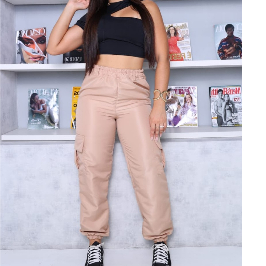 Calça Cargo Jogger HAYLA PREMIUM Feminina Tactel com bolsos laterais Bomber Lisa Boyfriend