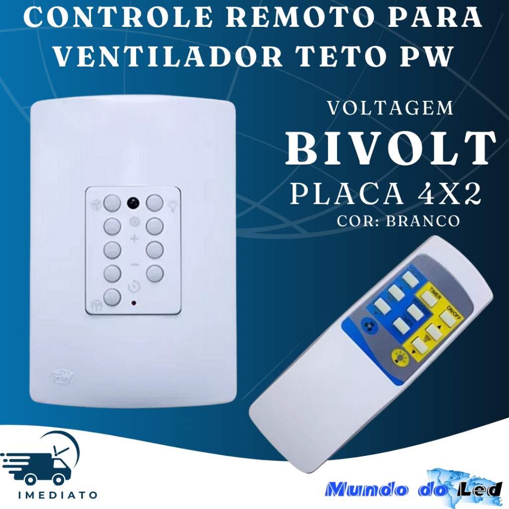 Controle Remoto para Ventilador Teto Com Placa 4X2 Bivol PW