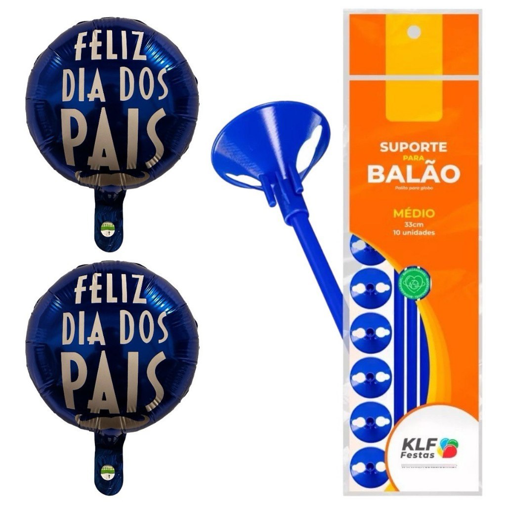20 Balão Metalizado Redondo Azul Feliz Dia Dos Pais Centro de Mesa 24cm + Varetas Azul 30cm
