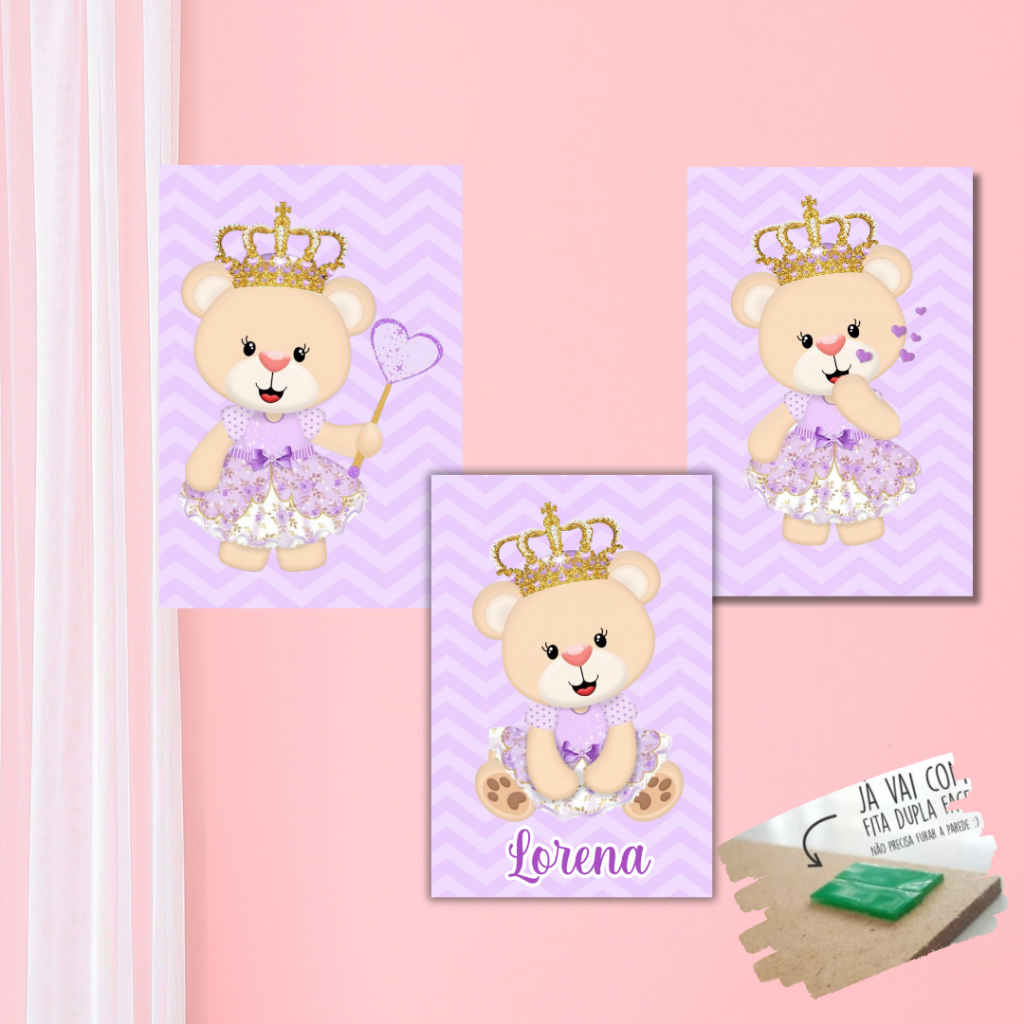 Kit 3 Quadros Decorativos Placa Quarto Menina Ursinha Princesa Lilás