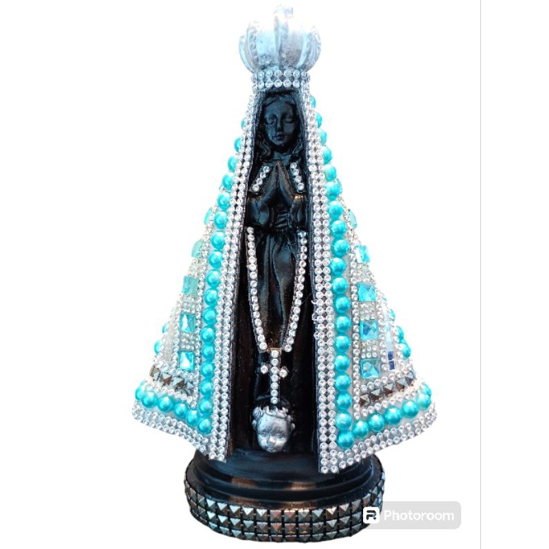 Imagem de Nossa Senhora Aparecida de Pérola 23 cm Azul Bebê Preta Strass e Pedraria Portuguesa!