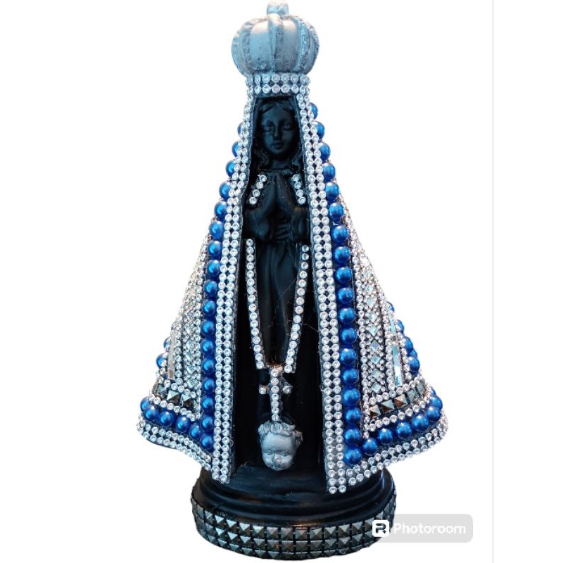 Imagem de Nossa Senhora Aparecida 23cm Pérola Azul Escuro Preta Strass Prata Pedraria Portuguesa!