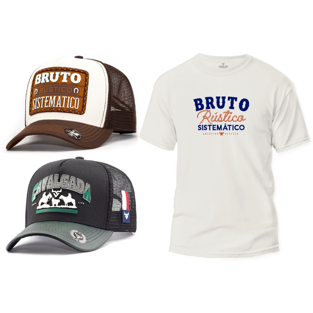Kit Camiseta bruto rustico sistematico + 2 Bone chapeu cavalgada country Camisa