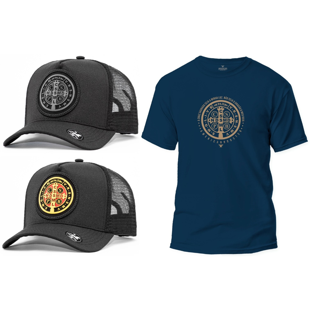 Kit medalha de sao bento Camiseta + 2 Bonés chapeu Camisa Country cavalgada