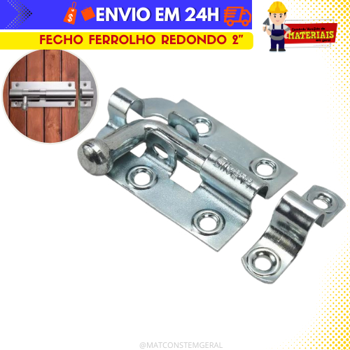 Fecho de Porta Ferrolho Redondo 2" com Porta Cadeado Zincado