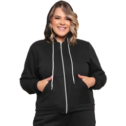 Blusa Moletom De Frio Feminina Plus Size Com Ziper ,Capuz e Bolso