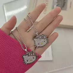 Colar Pingente Olá gatinha Kitty Rosto Strass Brilhante Kawaii Fofo Aesthetic Corrente Aço Inox Gargantilha Presente