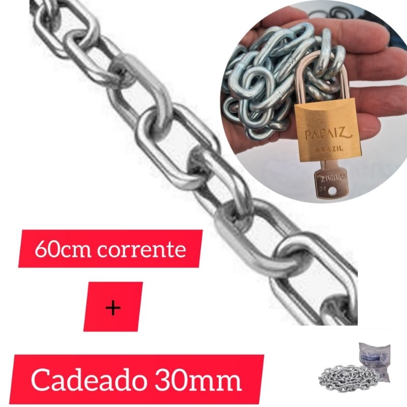 kit 60cm corrente aço galvanizado 5mm 3/16 com cadeado papaiz 30mm em Oferta na Shopee