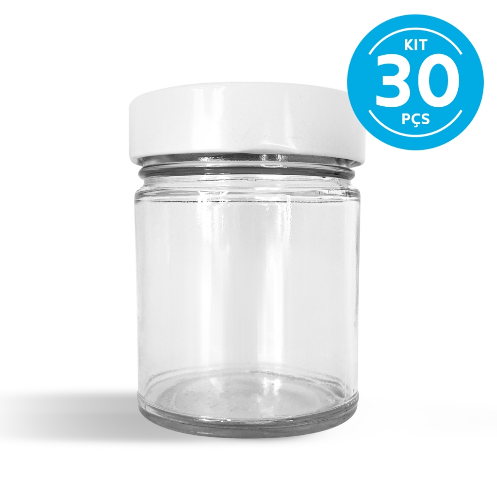 30 Potes De Vidro Pianezza Alto De 220ml Com Tampa Branca