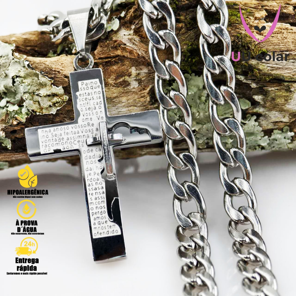 Colar Masculino de Corrente com Pingente de Crucifixo e Oração Pai Nosso - Aço Inox com Banho de Prata, Presente Ideal em Oferta na Shopee