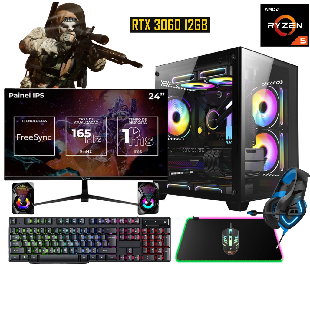 CPU Gamer TOP Ryzen 5 Completo + P. Vídeo RTX 3060 12GB + 32GB RAM + Monitor 24"