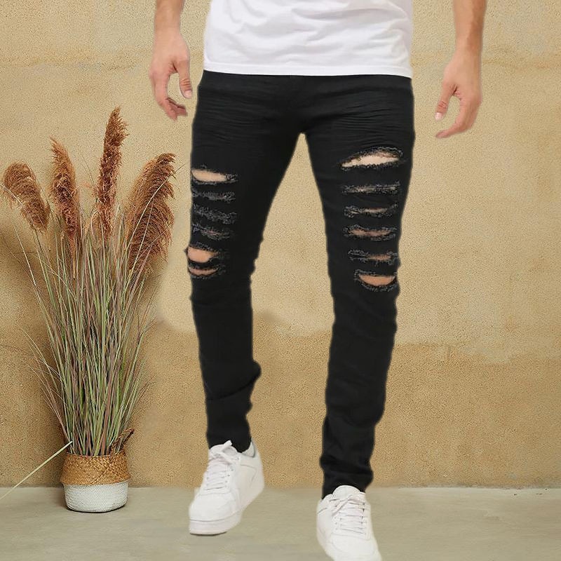 Modas Bolso Simples Calça Jeans Masculina Preta Slim Com Lycra Rasgadas Alta Qualidade