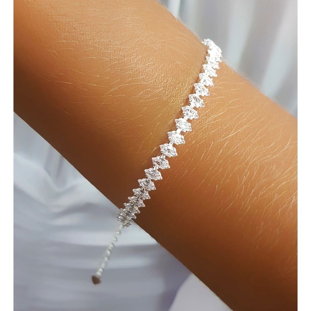 [ SEMI JOIA ] Pulseira Feminina da Virgínia Zircônia Riviera Navete, Banhado em prata 925 Alto Padrão
