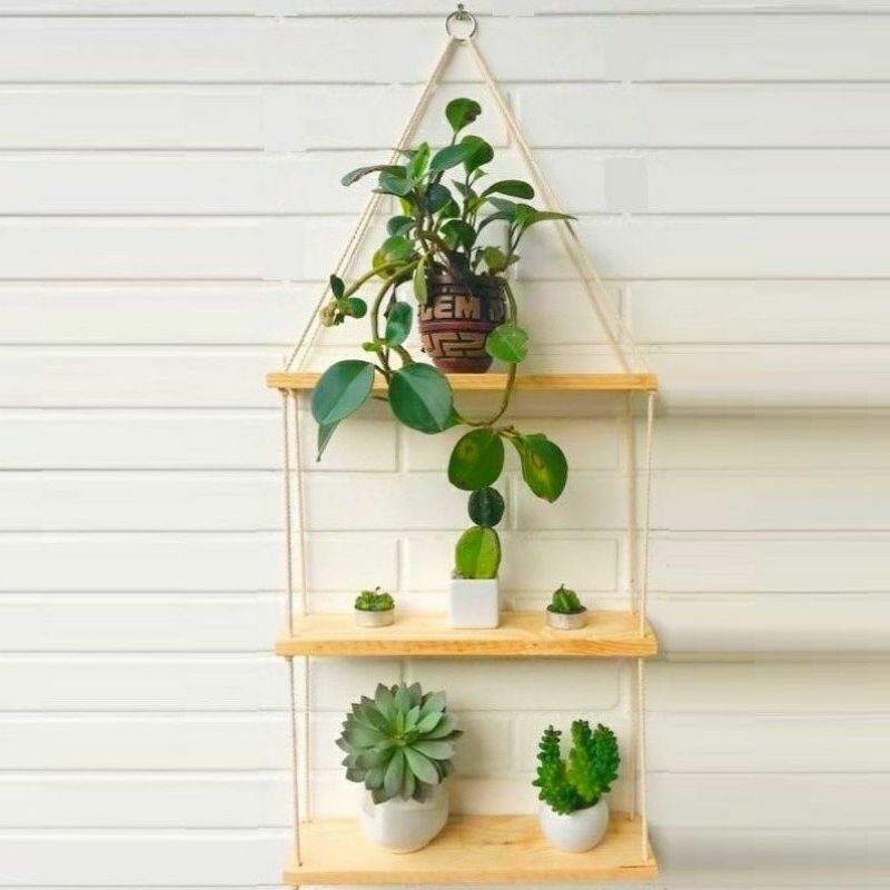 Prateleiras de Madeira Suspensa com Corda 3 andares Decoração Tendência em Oferta na Shopee