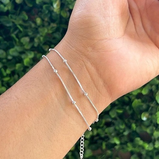 [ SEMI JOIA ] Pulseira Feminina dupla bolinha Banhado A Prata 925