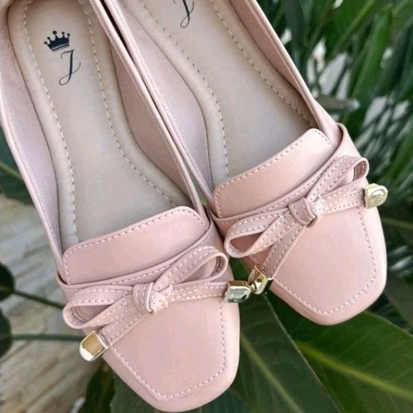 Mocassim Bico Quadrado Feminino Laço Delicado Rosê Sapatilha Feminina Casual Confortável Moda.