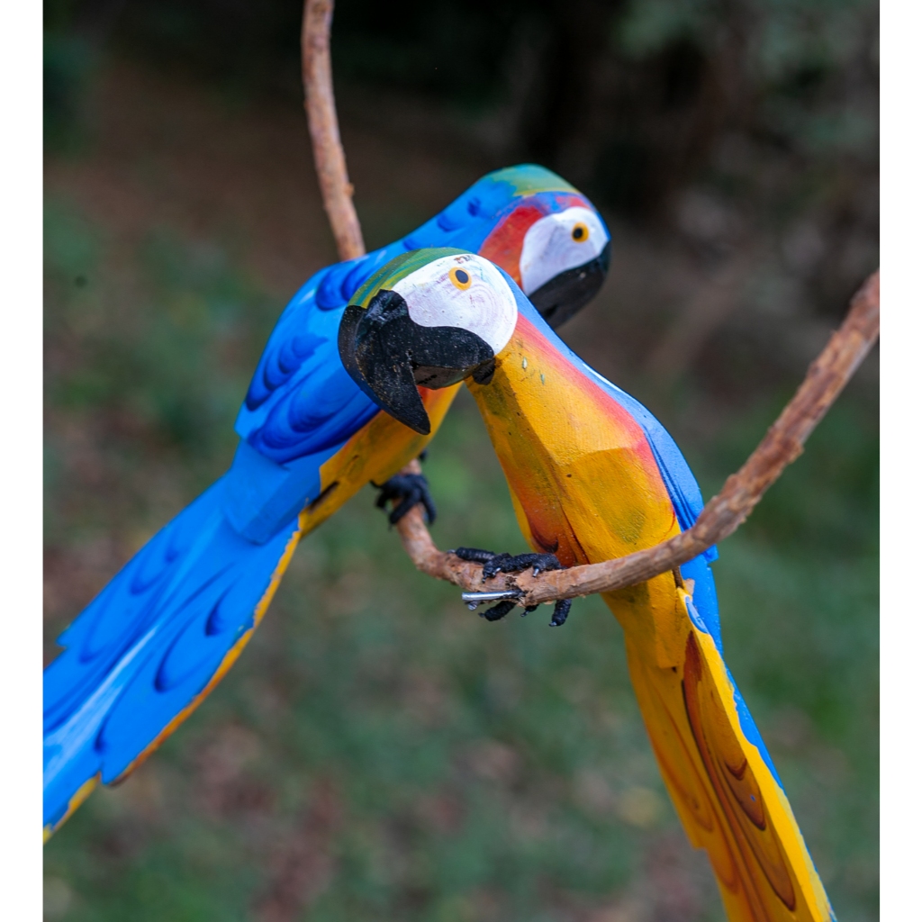 Escultura arara De Madeira Casal No Cipó Artesanal Rústico em Oferta na Shopee