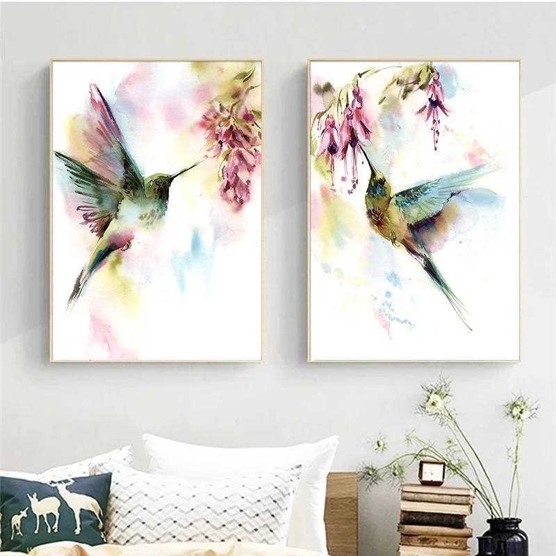 Quadro decorativo 2 peças 40x60 Aquarela colorido flores beija flor moderno abstrato decoração para casa sala quarto hall em Oferta na Shopee