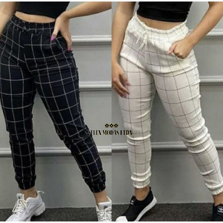 Calça Jogger Feminina Estampa Xadrez Quadriculada Bolsos Cordão Blogueiras #Calça Jogger Xadrez