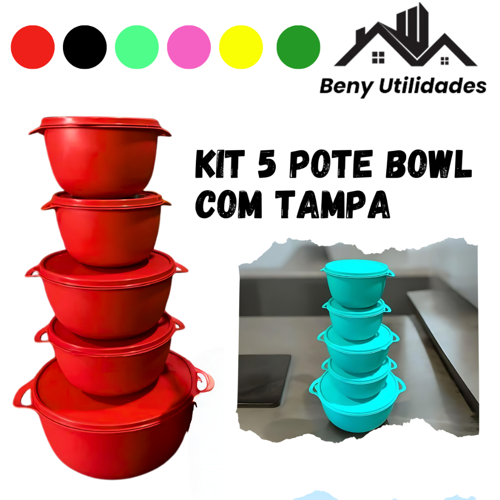 Kit 5 Potes Bowl De Plástico Redondo Com Tampa - Boll P/ Microondas E Freezer Vasilha Marmita Tapoer