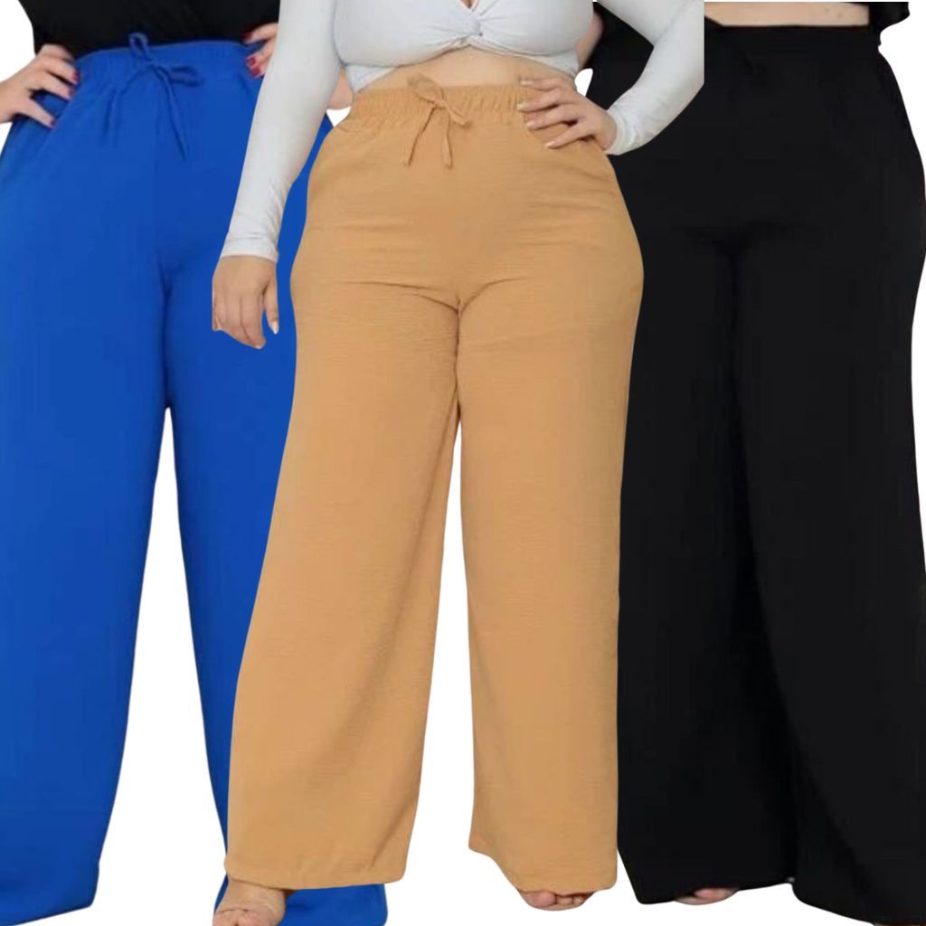 Kit com 3 Calças Pantalona Plus Size Feminina Com Elástico Na Cintura Com Bolso Cintura Alta Tecido Duna Linha Premium